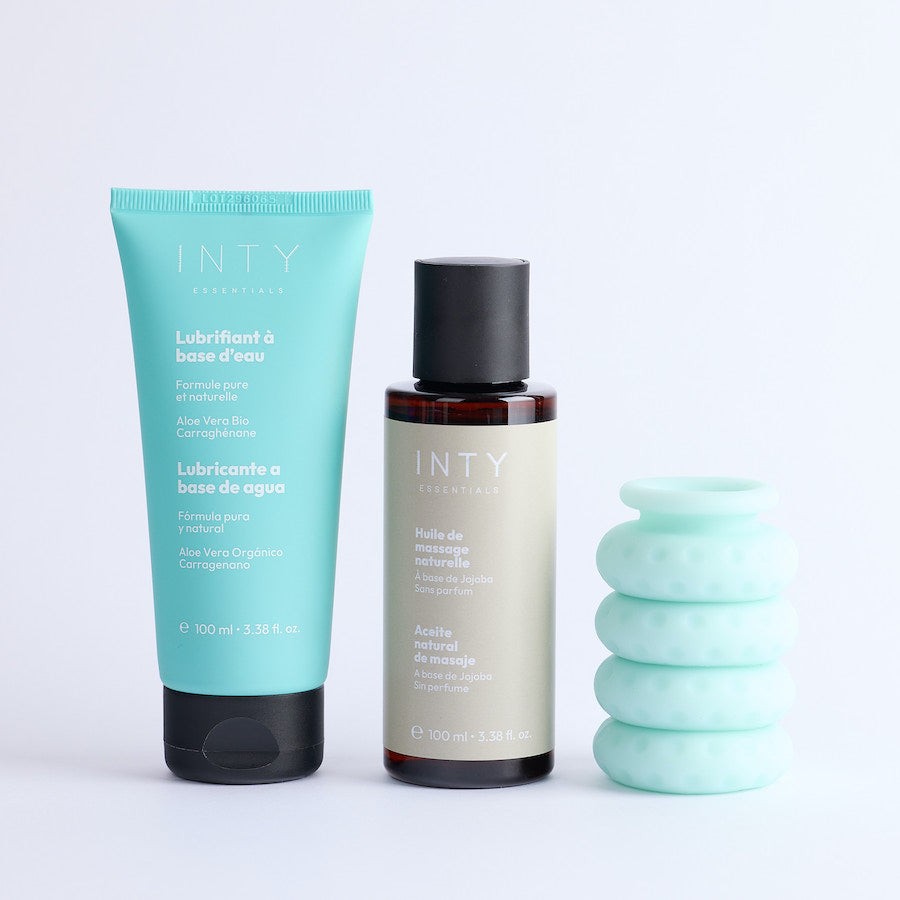 La Routine Intime Confort Dyspareunie est composée de notre lubrifiant à base d’eau naturel et hydratant, de notre huile corporelle sans parfum et d’un set d’anneaux de confort sexuel par la marque Ohnut